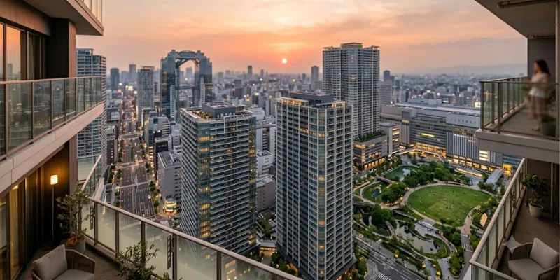 Sunset view over modern Umeda apartment towers